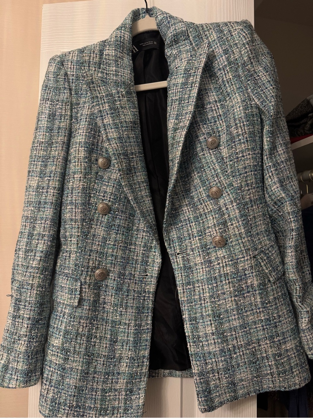 Zara Teal Tweed Double-Breasted Blazer